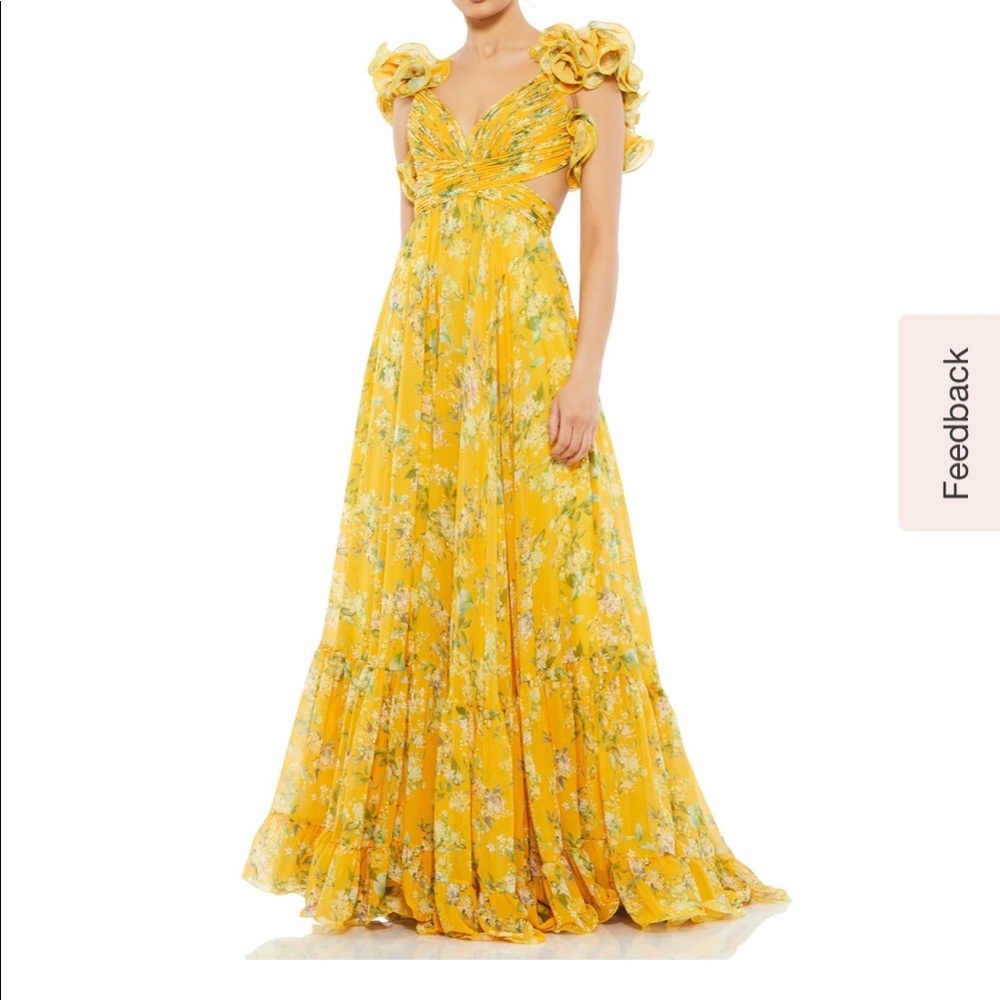 Mac Duggal YELLOW RUFFLE TIERED FLORAL CUT-OUT CHIFFON GOWN Size 6